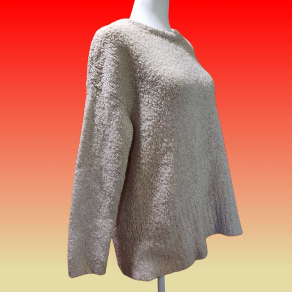 Beige Knit Wool Boucle Pullover Tunic-Length Drop Shoulder Sweater SM